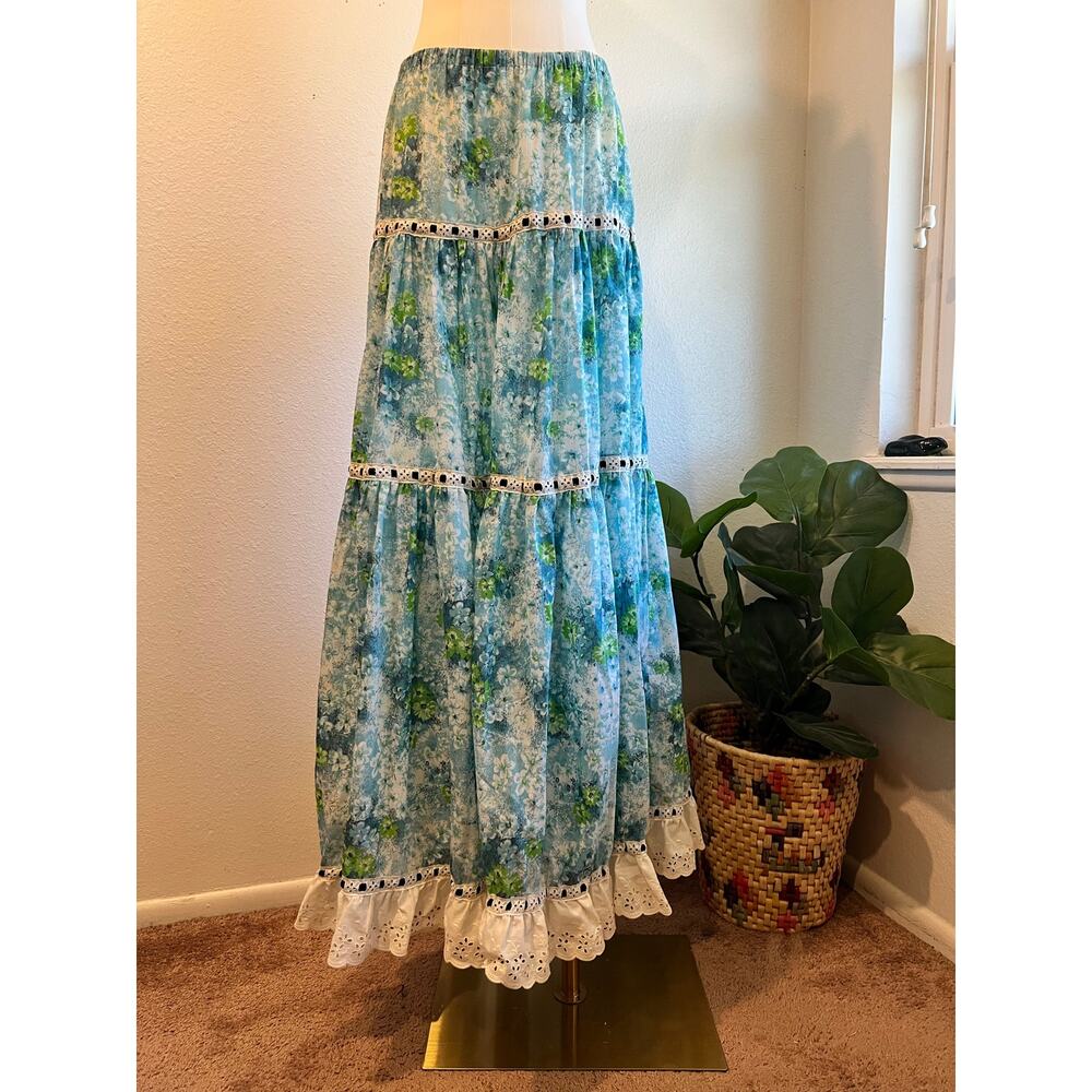 Vintage Handmade Blue Green Floral Lace Trim Skirt Strapless Dress Size Small